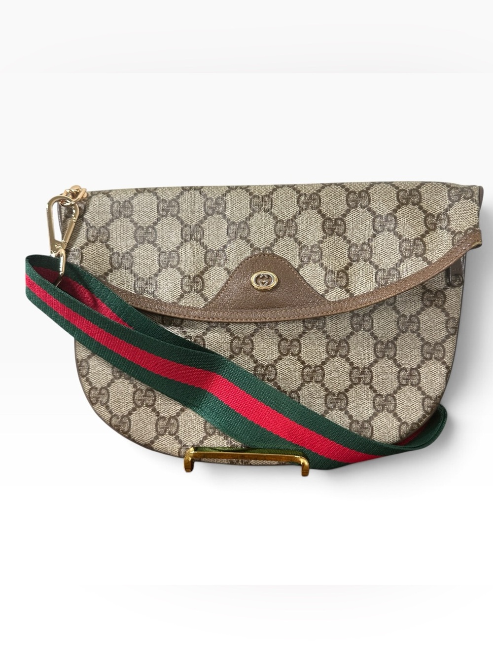 Gucci Beige GG Canvas Crescent Crossbody with Green and Red Web Strap
